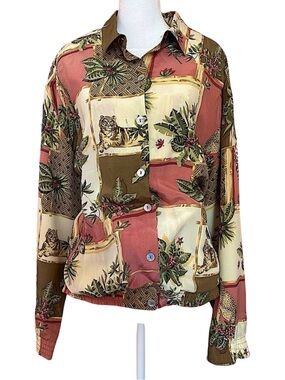 Vintage coastal Grandma Grannycore 100% silk cheetah tropical blouson jacket 16